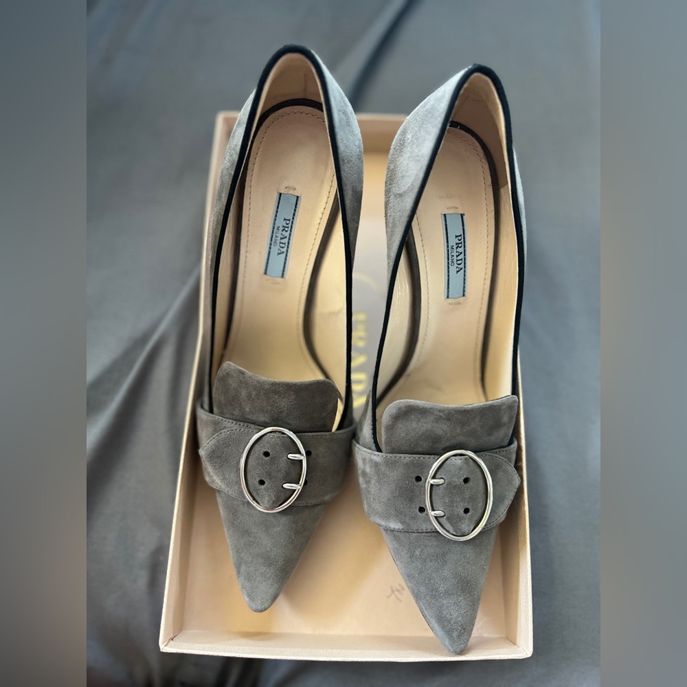 Prada Mid-Heel Pointed Loafer Pump with Buckle: Grey. Size 39.